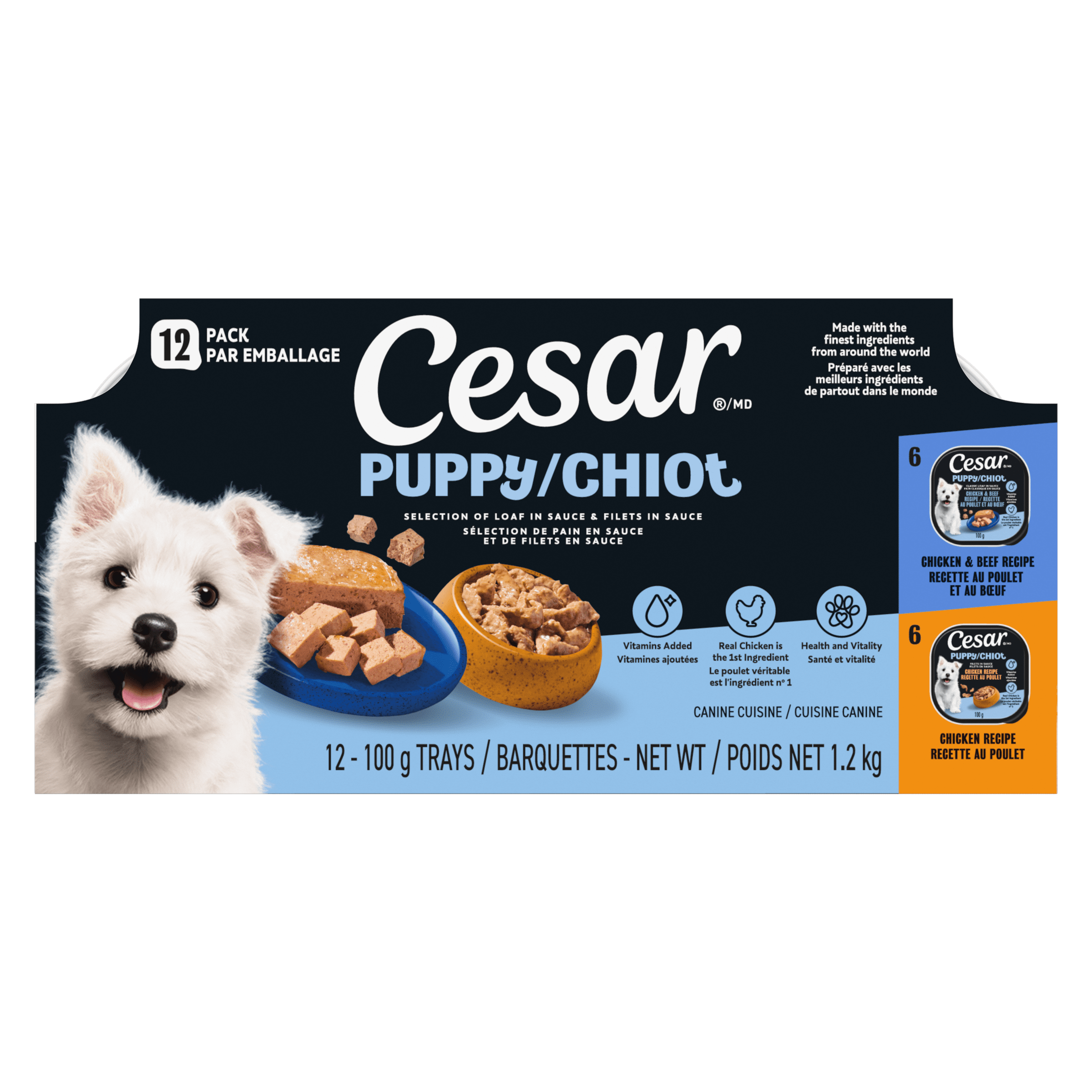 Nourriture humide et moelleuse pour chiots CESAR Pain classique en sauce Recette au poulet et au bœuf et Filets en sauce Recette au poulet, (12) barquettes de 100 g faciles à ouvrir