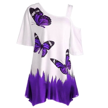 Pisexur Off The Shoulder Tunic Tops for Womens Summer Clothes Casual Butterfly Print Short Sleeve Oversized T Shirts Flowy Irregular Hem Blouses Plus Size Cold Shoulder Tops for Women