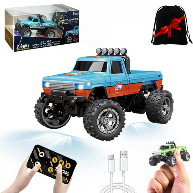 Mini Rc Monster Truck 1/64 Scale Monster Truck with Lights 2.4Ghz Remote Control Car Rechargeable Mini Monster Truck Rc Alloy Rc Semi Truck for Kids Gifts Speed Adjustable