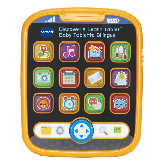 VTech® Tablette Découvrir et ApprendreTM avec Applications de Jeu d'Imitation Bilingues Anglais et Français, un Jouet d'Apprentissage pour Tout-Petits avec un Cadre Jaune et un Écran Noir Comprenant 12 Icônes d'Application Lumineuses Colorées Incluant Musique, Animaux, Météo et Chiffres, plus un Pavé Directionnel Bleu et un Interrupteur Latéral pour Basculer Anglais et Français, Convient au Développement des Nourrissons et au Jeu Bilingue.