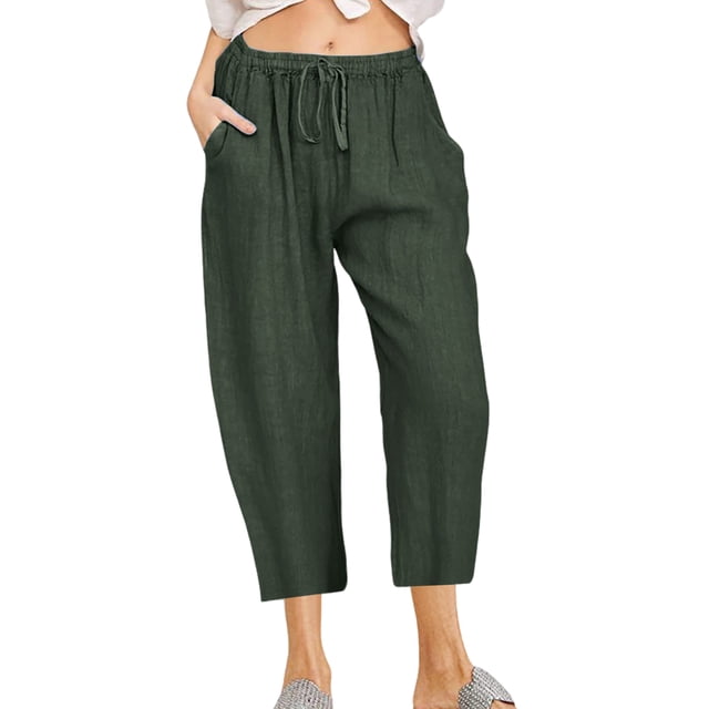 Innerwin Pantalon Capri à Cordon pour Femme Pantalon d'Été Jambe Droite Ample Bas Vert Armée P