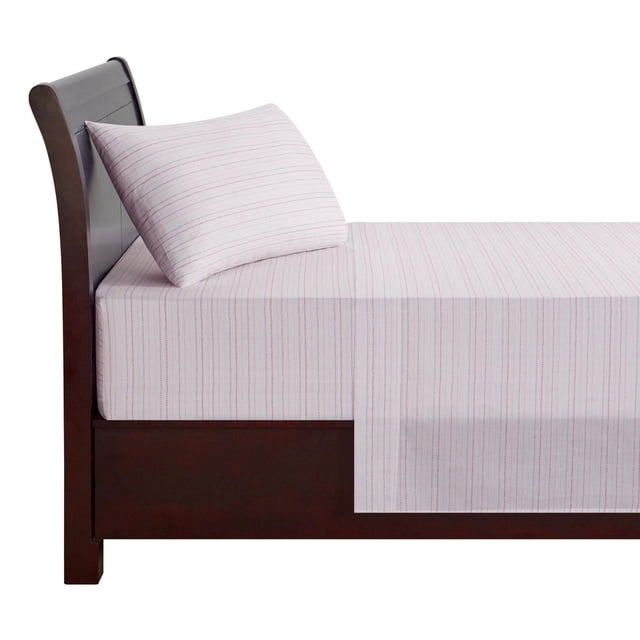 Mainstays Kids 100% Cotton Sheet Set on a dark wood twin bed frame, featuring fitted and flat sheets plus a pillowcase with thin red and blue vertical stripes on white, made from breathable 180 thread count cotton percale weave for year-round comfort.