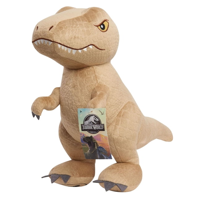 Monde Jurassique Grande Peluche T-Rex de 12,5 Pouces, Animal en Peluche Dinosaure Beige Debout avec Tissu Texturé Imitant la Peau, Yeux Jaunes Brodés, Dents Blanches et Griffes en Feutre Grises, avec une Étiquette Monde Jurassique, Idéal pour le Jeu Imaginatif et les fans de Dinosaures de 3 Ans et Plus.
