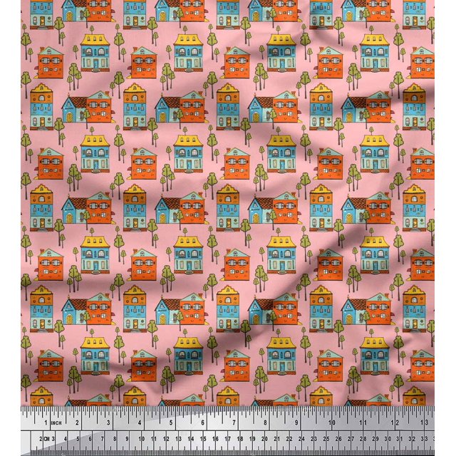 Soimoi Pink Heavy Canvas Fabric Tree & House Architectural Fabric Prints By Yard 58 Inch Wide
