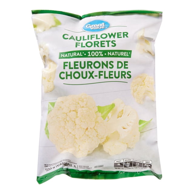 Great Value Cauliflower Florets frozen vegetables bag with 500 g of 100% natural cauliflower florets, no preservatives, quick to cook in microwave or stovetop, ideal for casseroles, cauliflower mash, or a nutritious side dish.