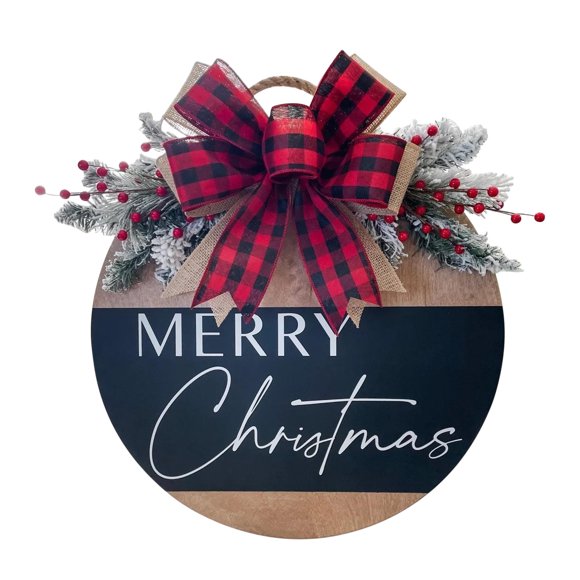Kmonabie Christmas Wreath Front Door Hanging Sign, Wooden Holiday Ornament with Bow, Classic Porch Wall Decor for Indoor Outdoor Home Entryway