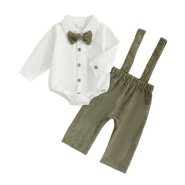 Splozh Ensemble de Vêtements pour Bébé Garçon, Tenue de Petit Gentleman pour Bébé Garçon, Nœud Papillon, Barboteuse à Manches Longues à Boutons, Salopette, Pantalon à Bavette, Ensemble de Costumes pour Mariage et Anniversaire, Vert, 3-6 Mois