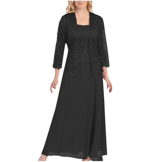 Pompotops Ensemble Deux Pièces Décontracté pour Femme Robe en Mousseline Unie Sans Manches Cardigan en Dentelle à Demi-Manches