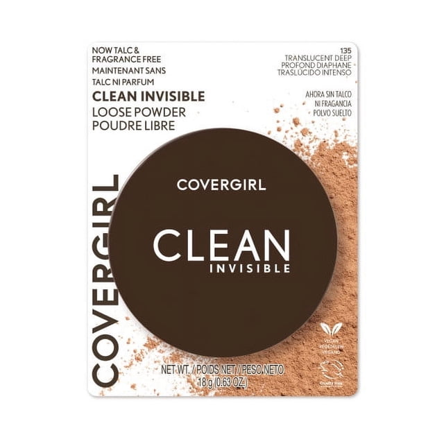 COVERGIRL Clean Invisible Loose Powder in translucent deep shade, talc and fragrance free, with 100% natural origin pigments and a lightweight breathable formula. The round dark brown compact with white text is shown on a white background with loose powder scattered around, suitable for setting makeup with a soft, shine-free finish.