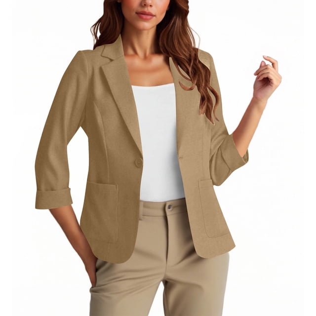 HongQid Women's Casual Single Button Front Blazer Ruched 3/4 Sleeve Notched Lapel Office Lightweight Blazers with Pockets