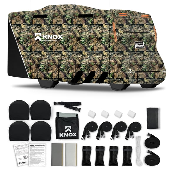 KNOX 3rd Gen Camouflage Class C RV Cover, Anti-Tear 600D Oxford Fabric, Fits Travel Trailer, RV, or Motorhome - Camper Cover Includes Wheel, Ladder & Gutter Covers, Night Glow Logo, Size 23-26 ft