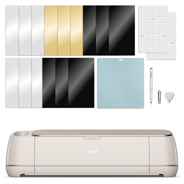 Cricut Maker® 4 Smart Cutting Machine, Seashell, shown with metallic vinyl sheets in silver, gold, and black, Cricut Transfer Tape sheets, a blue cutting mat, white pen, blade housing, and weeding tool, arranged above the compact seashell-coloured cutting machine with the Cricut logo, suitable for precise crafting with over 300 compatible materials.