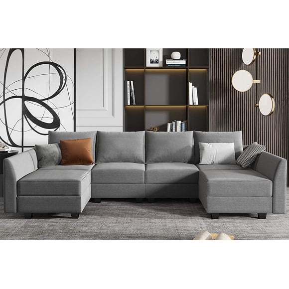 HONBAY Reversible Sectional Couch U-Shaped Sofa with Wide Chaises & Storage Seats, Grey