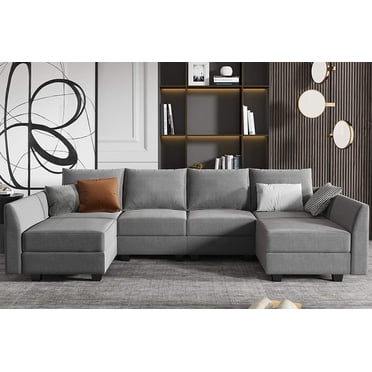 HONBAY Canapé Sectionnel Réversible en U avec Larges Méridiennes et Sièges avec Rangement, Gris