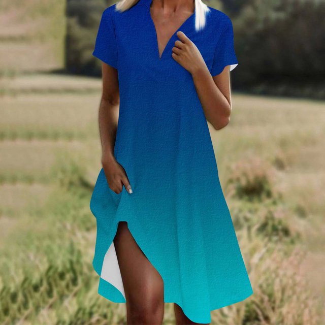 Ovzne Robes d'Été pour Femmes Robe Mode Femmes Dégradé Imprimé Col en V Manches Courtes Ample et Confortable Robe d'Été Manches Courtes Imprimée Liquidation
