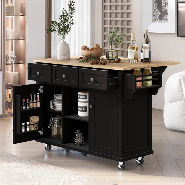 Modern Kitchen Island on 5 Wheels with Storage Cabinet and Drop-Leaf Countertop, Kitchen Cart with Cabinet Door Internal Storage Racks and 3 Drawers for Dinning Room (Black)