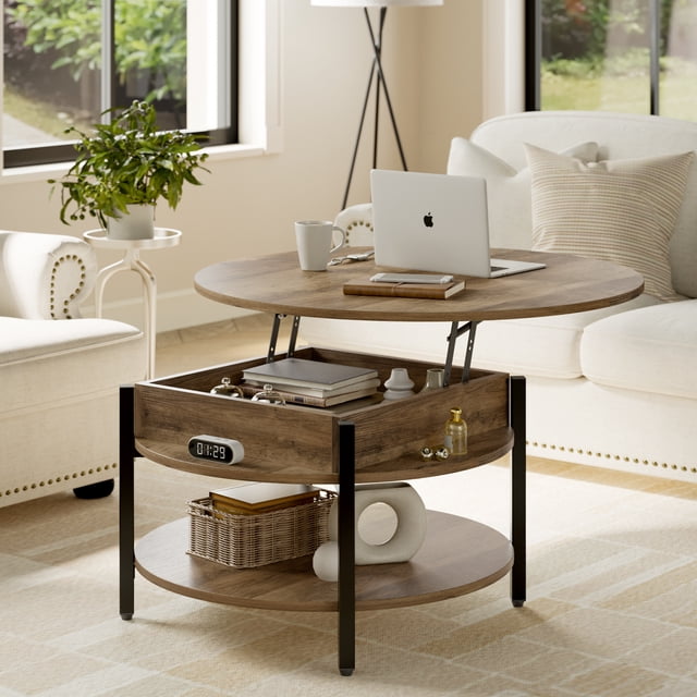 GUNAITO Petite Table Basse Ronde à Plateau Relevable avec Rangement, Table Centrale Style Ferme Moderne avec Tablette, Petite Table Ronde pour Salon, Brun Clair
