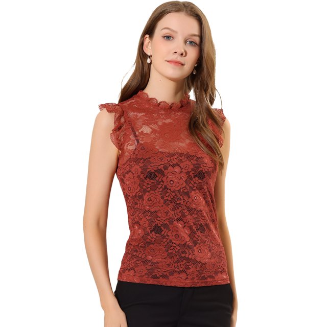 INSPIRE CHIC Women's Sleeveless Lace Ruffled Semi Sheer Blouse Top