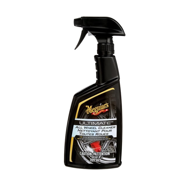 Meguiar’s® Ultimate All Wheel Cleaner in a black 709 ml spray bottle with trigger nozzle, featuring a label with gold and red accents. This acid-free, pH balanced gel formula safely dissolves brake dust and road grime on all wheel and brake finishes.