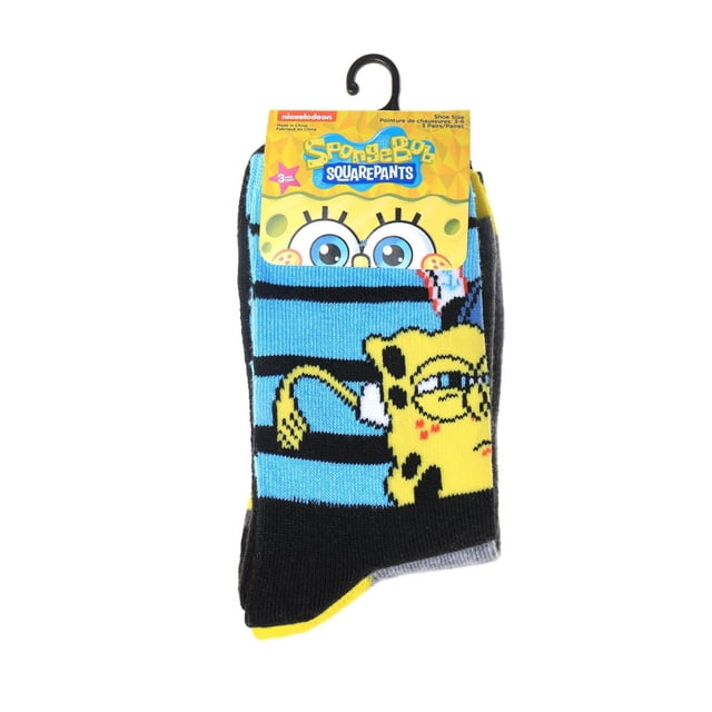 Spongebob Boy's Socks 3-pack of toddler crew cut socks sized 3-6 featuring black and blue stripes with a yellow Spongebob Squarepants character design, attached to a yellow branded label with a black hanger, suitable for boys' casual or school wear.