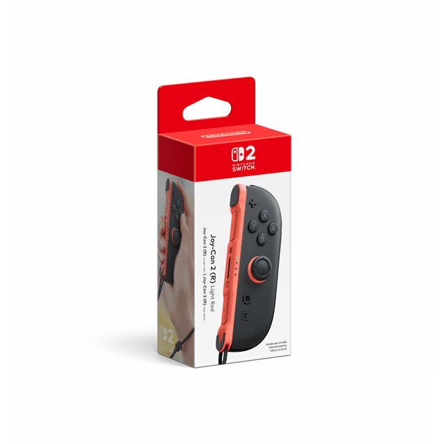 Joy-Con™ 2 (R) Light Red Nintendo Switch controller packaging showing the right Joy-Con with black front and light red side panel, featuring buttons A, B, X, Y, joystick, C button, and wrist strap, displayed in a red and white box branded for Nintendo Switch accessories.