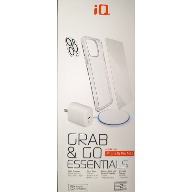 iQ Grab & Go Essential Kit for iPhone 15 Pro Max, a premium accessory bundle including a clear slim protective case, iSHIELDZ tempered glass screen protector, MagSafe-compatible wireless charging pad, and 30W PD wall charger. Ideal for enhancing mobile protection and charging convenience. Displayed against a white background with the iQ logo in red.