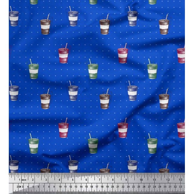 Soimoi Blue Poly Georgette Fabric Coffee Glass & Dots Print Fabric by the Yard 52 Inch Wide