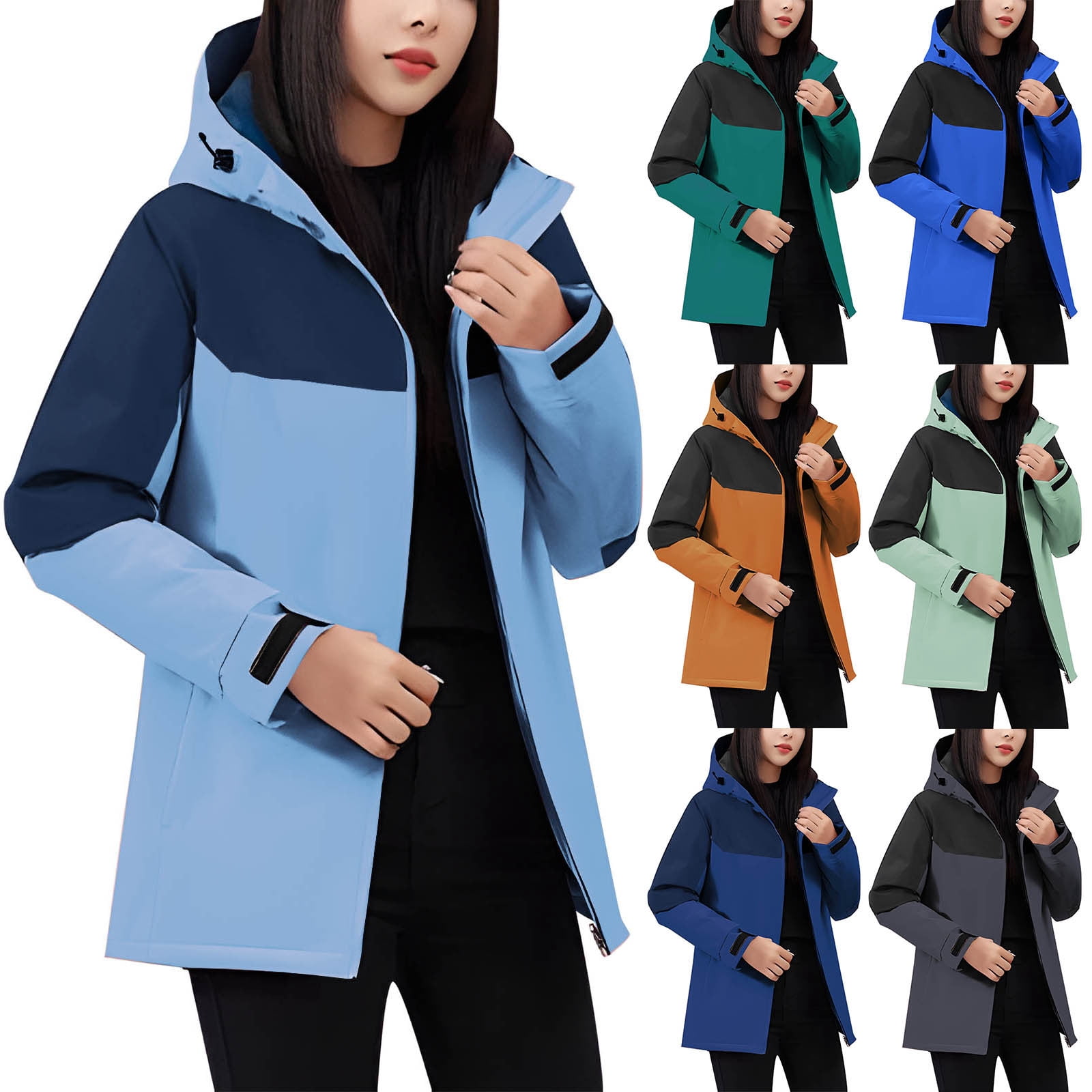 Sentmoon Womens Jacket Oversized Hooded Neck Long Sleeve Women Winter Coat Zipper Color Block Windproof Waterproof Women Clothes with Pockets Fall and Winter Trendy for Backpacking and Camping