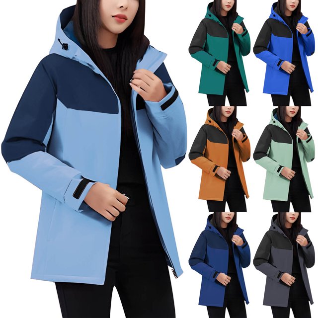Sentmoon Winter Jacket for Women Oversized Hooded Neck Long Sleeve Womens Coats Winter Zipper Color Block Windproof Waterproof Windbreaker with Pockets Fall and Winter for Backpacking and Camping