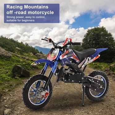 Trayknick Moto Tout-Terrain pour Enfants 49cc 2 Temps, Motocross à Essence, Mini Moto hors Route, Pocket Bike avec Freins à Disque avant Arrière, Vitesse Maximale de Course 40 Km/h (Bleu)