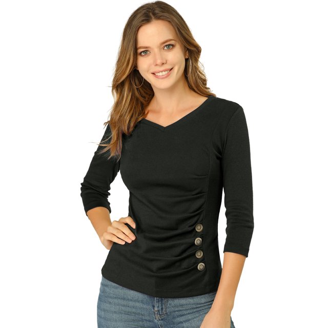 INSPIRE CHIC Women's Button Decor V Neck 3/4 Sleeve Solid Blouse Knitted Ruched Top