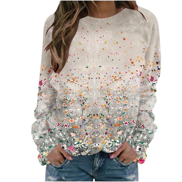 KIHOUT Chandails Molletonnés pour Femmes en Liquidation, Hauts Blouse à Manches Longues d'Automne et d'Hiver à Col Rond à Imprimé Floral, Coupe Ample, Taille P-2TG