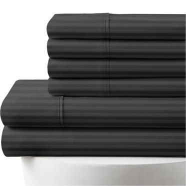 Ensemble de Draps 6 Pcs - 1000 Fils, 100 % Coton Égyptien [1 Drap Plat, 1 Drap-Housse, 4 Taies d'Oreiller] Coton à Longues Fibres 1000 Fils, Convient aux Poches de 18 Pouces de Profondeur - Format Double, Couleur à Rayures Gris Foncé