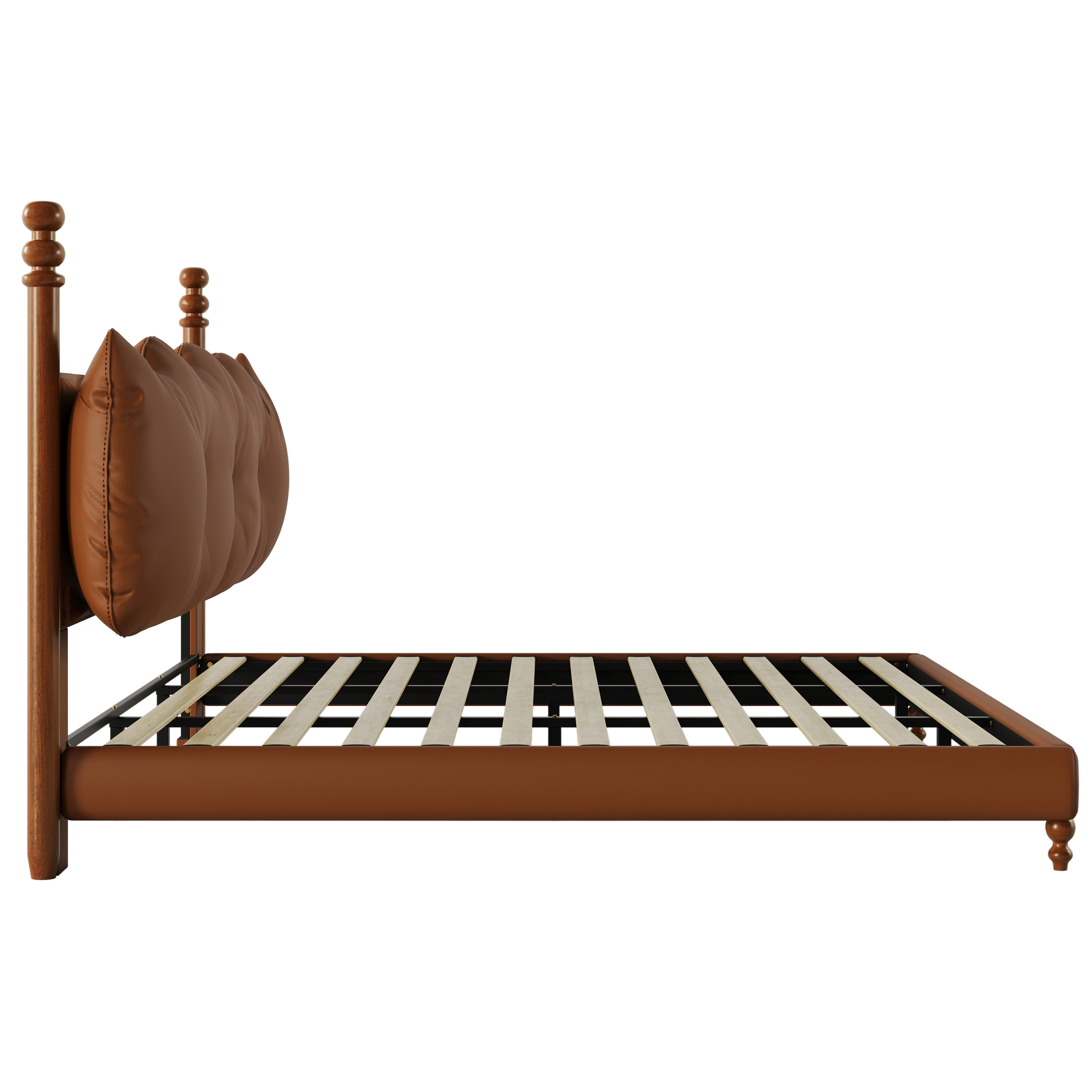 Noble House Lit Plateforme Grand Rembourré avec Tête de Lit, Cadre de Lit en Cuir PU avec Poteaux en Bois, Brun