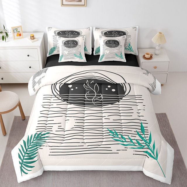 YST Beige Aesthetic Bedding Comforter Set, Modern Abstract Artwork, 7-Piece, Twin