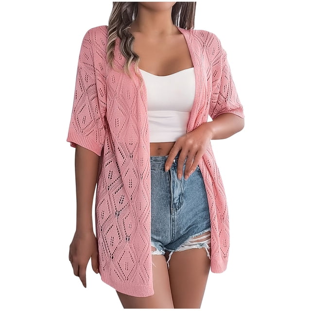 Timegard Womens Summer Tops Short Sleeve Hollow out Cover up Boho Open Front Knitted Cardigan Beach Wear