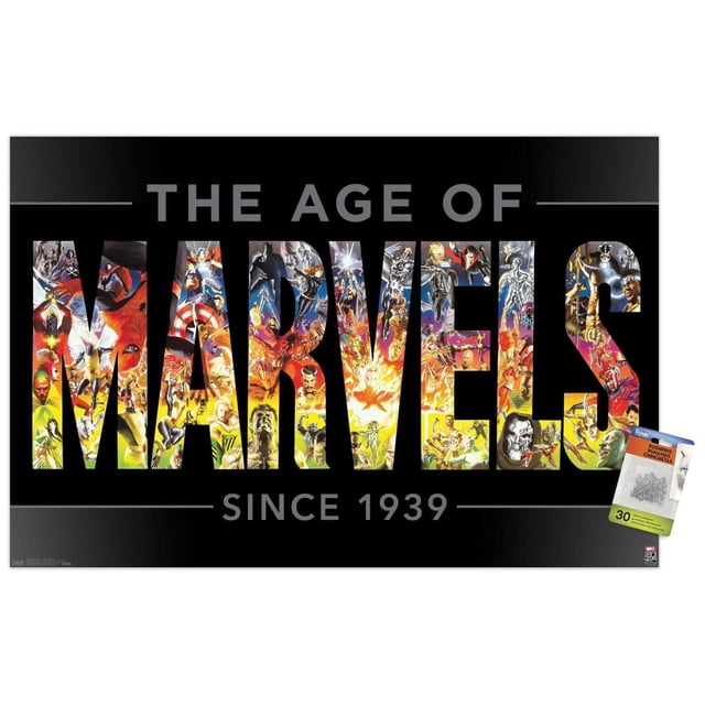 Marvel Comics - Marvel 80e Anniversaire - l'Ère des Merveilles Affiche Murale, 22,375 Po x 34 Po Présentant le Mot Merveilles en Grandes Lettres Remplies d'Illustrations Colorées de Superhéros et de Méchants Marvel sur Fond Noir, avec l'Ère d'En Haut et depuis 1939 en Bas, Idéal pour Ajouter une Touche Audacieuse d'Art Mural aux Chambres, Bureaux Ou Dortoirs.
