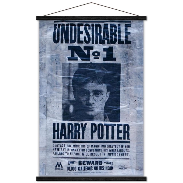 The Wizarding World: Harry Potter - Undesirable Wall Poster, 22.375" x 34", a textured gray wanted poster design with bold black text 'UNDESIRABLE No 1' and 'HARRY POTTER', featuring a Ministry of Magic reward of 10,000 Galleons, printed on glossy paper with adhesive mounts for easy, damage-free hanging, suitable for decorating bedrooms, offices, or dorms.