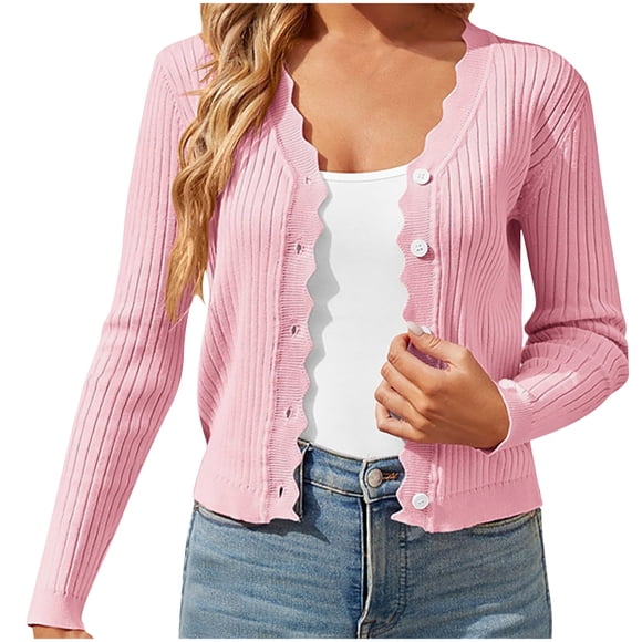 Lightweight Knit Cardigans Sweater Womens Long Sleeve Fall Button Down Ribbed Sweaters Casual Loose Fashion Tops Pink, S