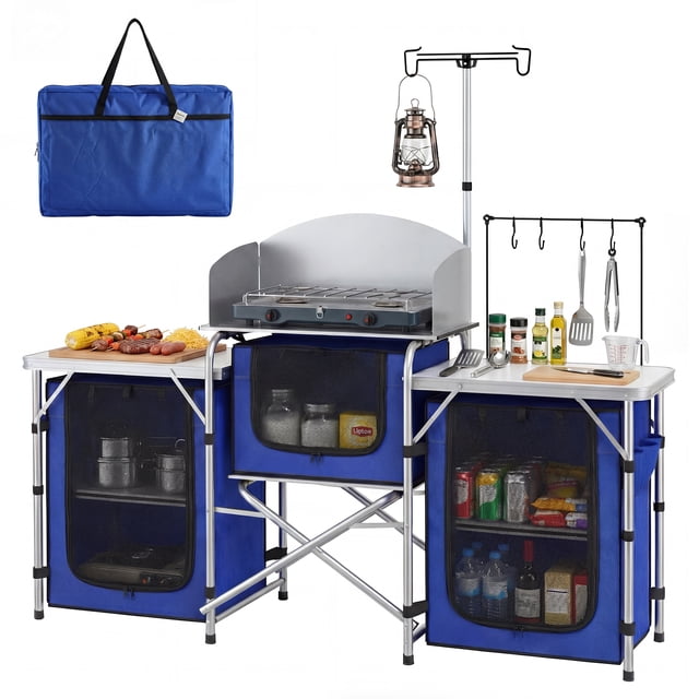 Outsunny Folding Camping Kitchen with Windshield Fabric Cupboards Blue