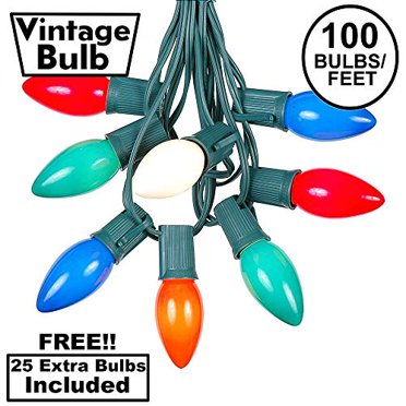 100 Foot C9 Multi Ceramic Christmas String Light Set - Outdoor Christmas Light String - Christmas Tree Lights - Opaque Christmas Bulbs - Roofline Light String - Outdoor String Lights - Green Wire