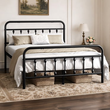 Yaheetech Classic Metal Bed Frames with High Headboard and Footboard,Bedroom Furniture,Queen Size,Black