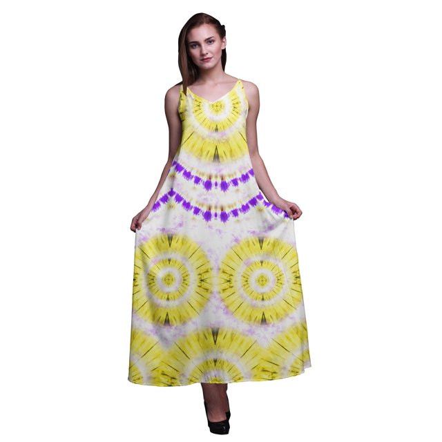 Bimba Robe Longue Sans Manches à Bretelles Spaghetti Imprimée Teinture sur Nœuds en Rayonne pour Femmes - TTTG