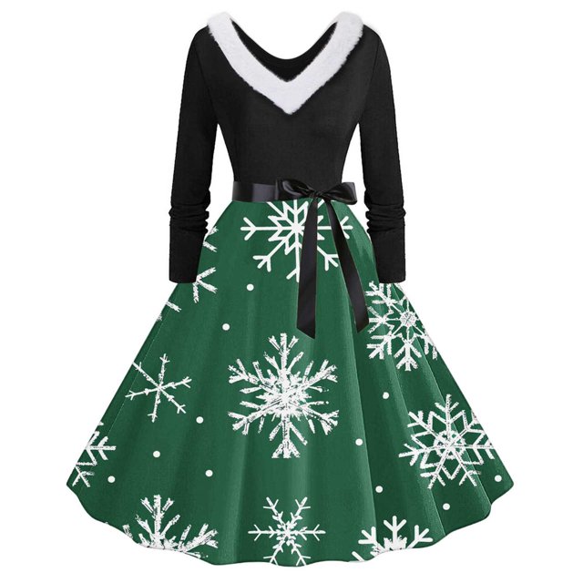 TIMIFIS Robes de Noël pour Femmes, Imprimé de Noël Laid, Robes Trapèze, Robe de Bal à Col en V pour les Fêtes, Manches Longues, Plissée, Robe Rétro Évasée