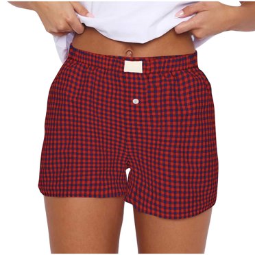FAIWAD Women Plaid Print Beach Shorts Elastic Waist Lounge Shorts Summer Comfy Baggy Streetwear Shorts