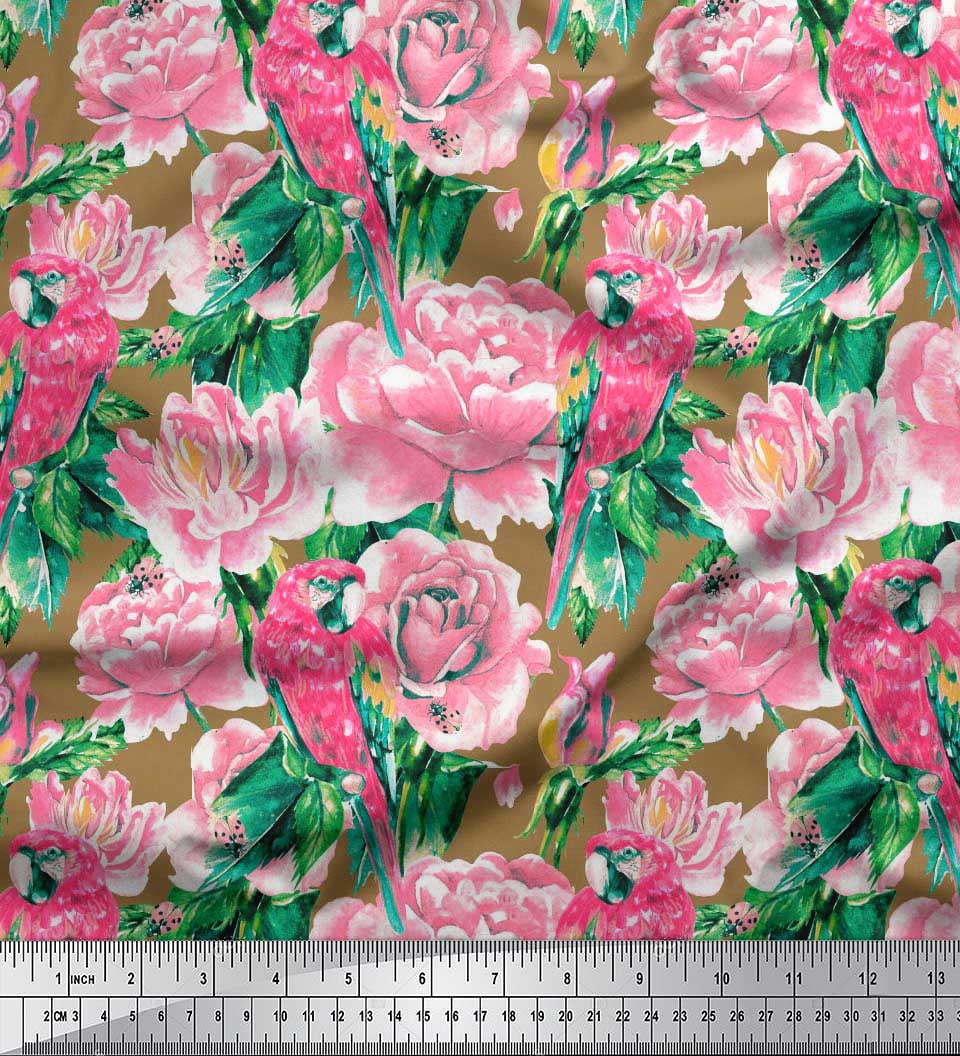 Soimoi Poly Georgette Fabric Leaves,Rose & Parrot Bird Fabric Prints by Yard 42 Inch Wide