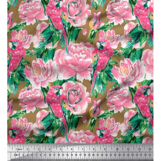 Soimoi Rayon Fabric Leaves,Rose & Parrot Bird Print Fabric by The Yard 56 Inch Wide