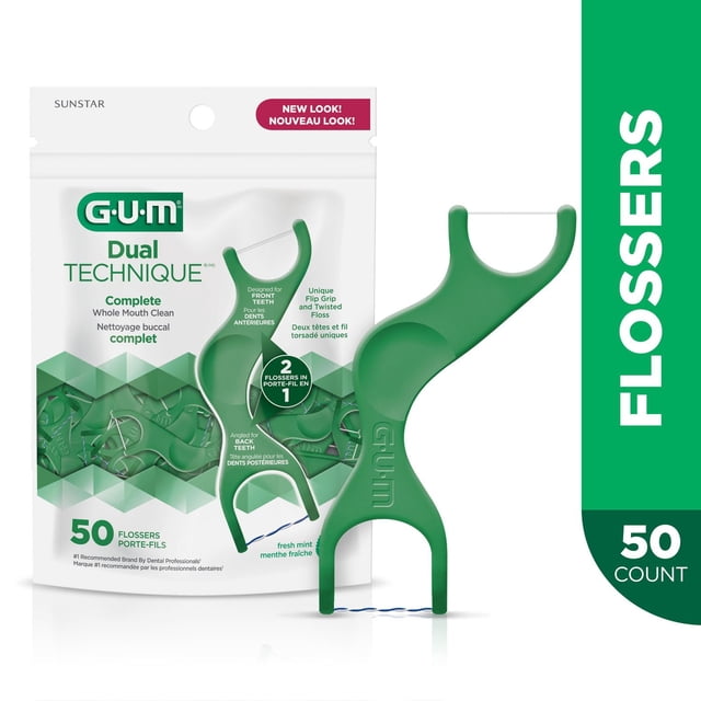 GUM® Dual Technique Flosser, Complete Whole Mouth Clean, Front and Back Reach with Twisted Plaque-Grabbing Floss, Fresh Mint Flavour, 50 Count