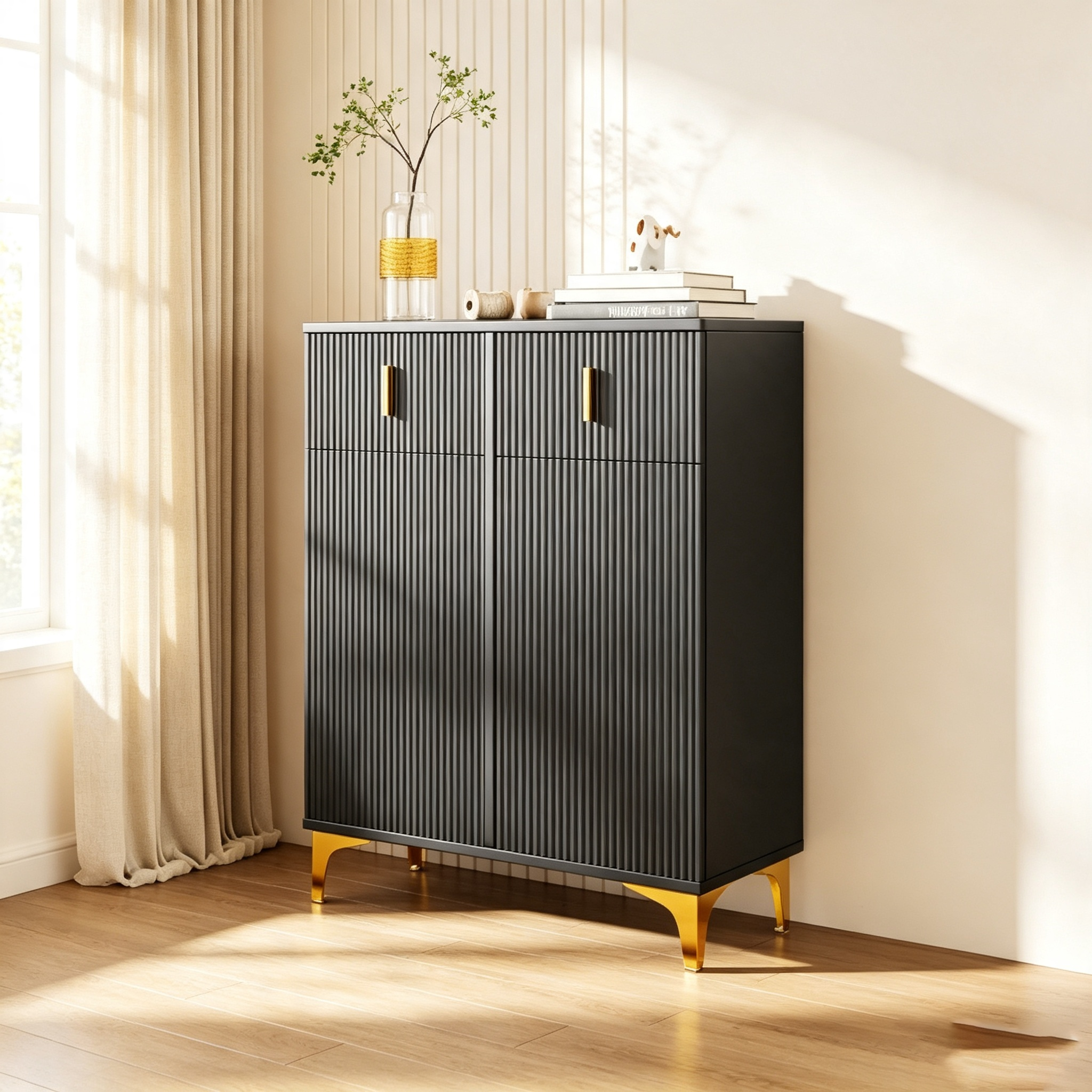 Homy Casa armoire de rangement noire avec 2 tiroirs, portes à fermeture douce et accents dorés
