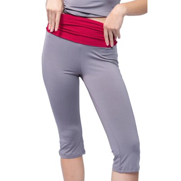 Jess by Meiko Women's Contrast Foldover Waist Stretchy Casual Athleisure Capri Leggings Dark Gray and Red XS